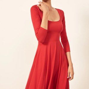 Reformation Dress Lou Fit And Flare Midi in Cherry Red (M)